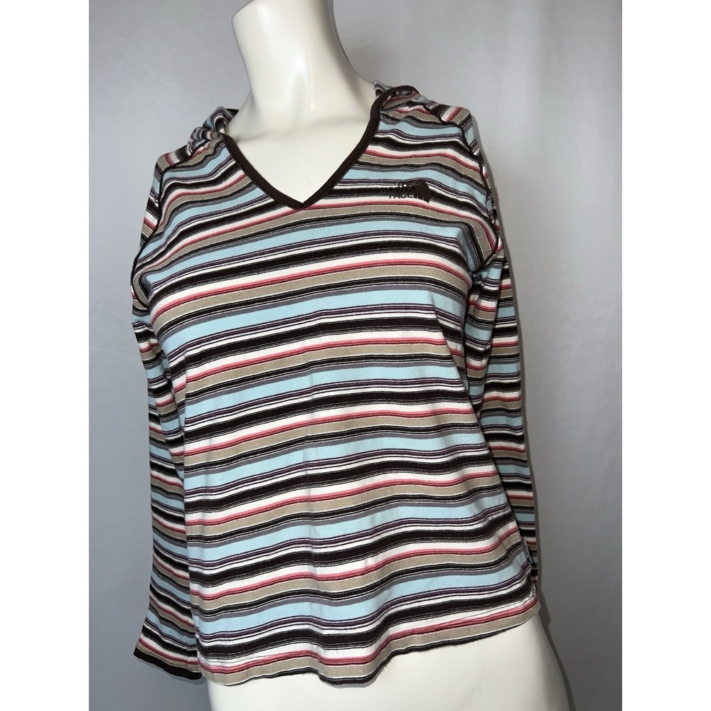 The North Face Women's Brown Blue Red Stripe Cotton Stretch Hooded Top  Large